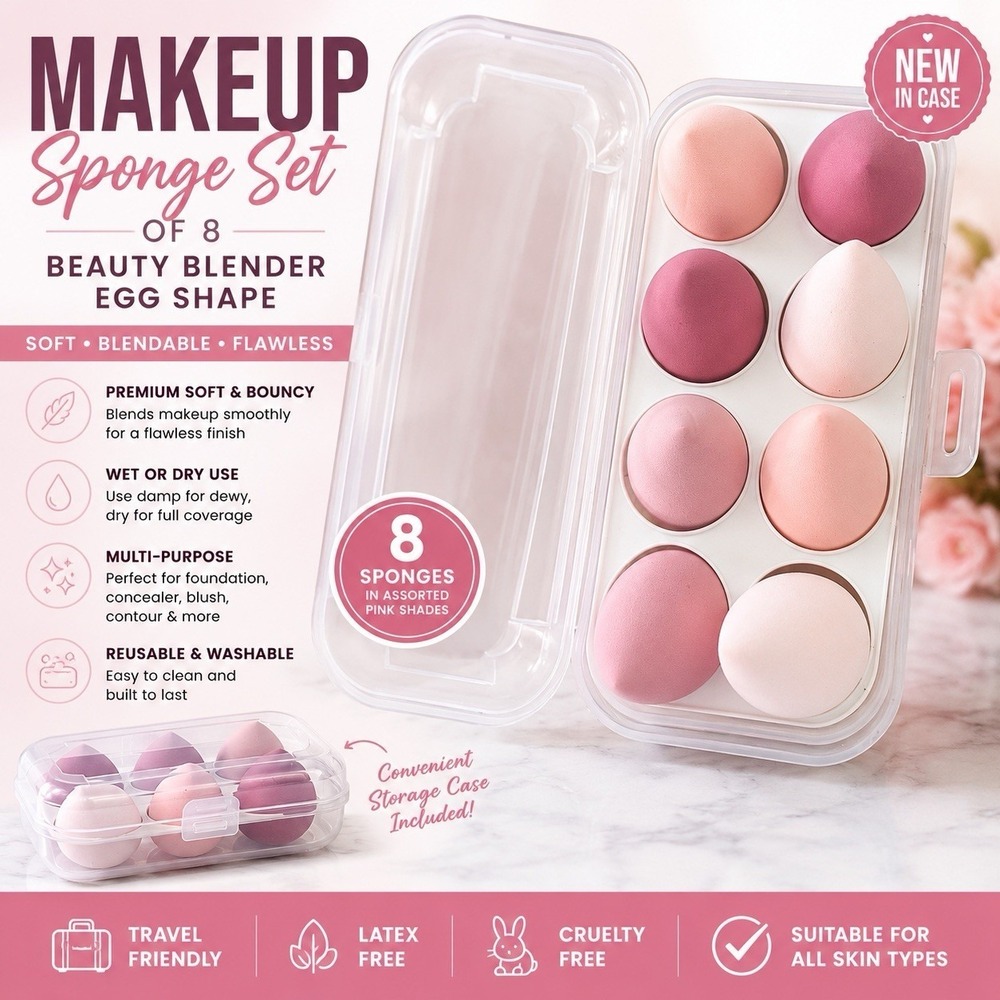 Beauty Sponge Blender Set of 8 in Clear Organizer Egg Shape NWT